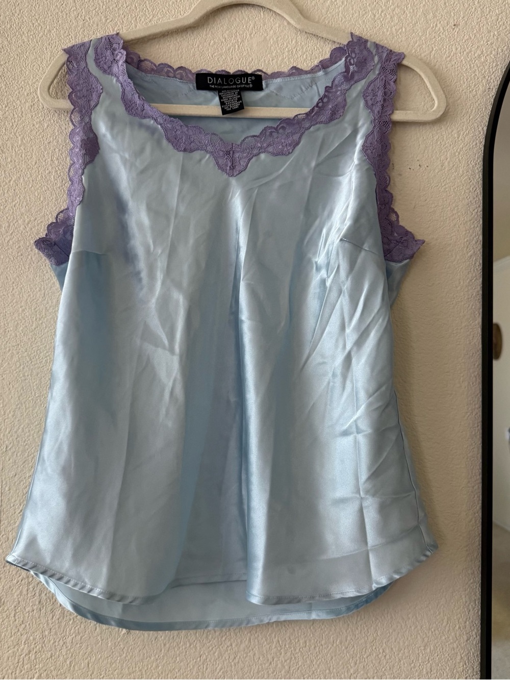 Vintage Dialogue Satin Camisole Medium Blue Purple Lace Y2K Lingerie Tank Top